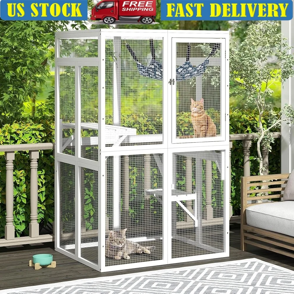 

Outdoor Cat Enclosure Wooden Cat House with Window Access Interactive Catio with Platforms Hammock Weatherproof Easy Assembly