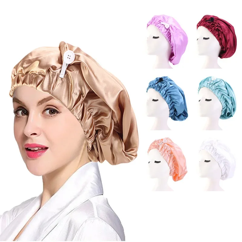 

European and American Popular Satin Nightcaps Solid Color Elastic Buckle Long Tube Hair Care Cap Shower Cap