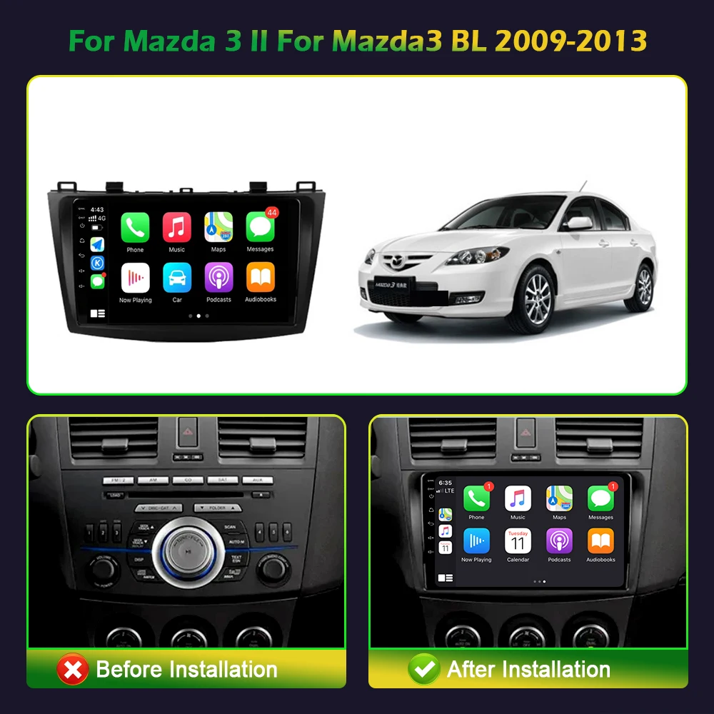Car Radio Multimedia Carplay Video GPS For Mazda 3 BL 2009 - 2013 Android 13 Stereo Navigation Player Screen