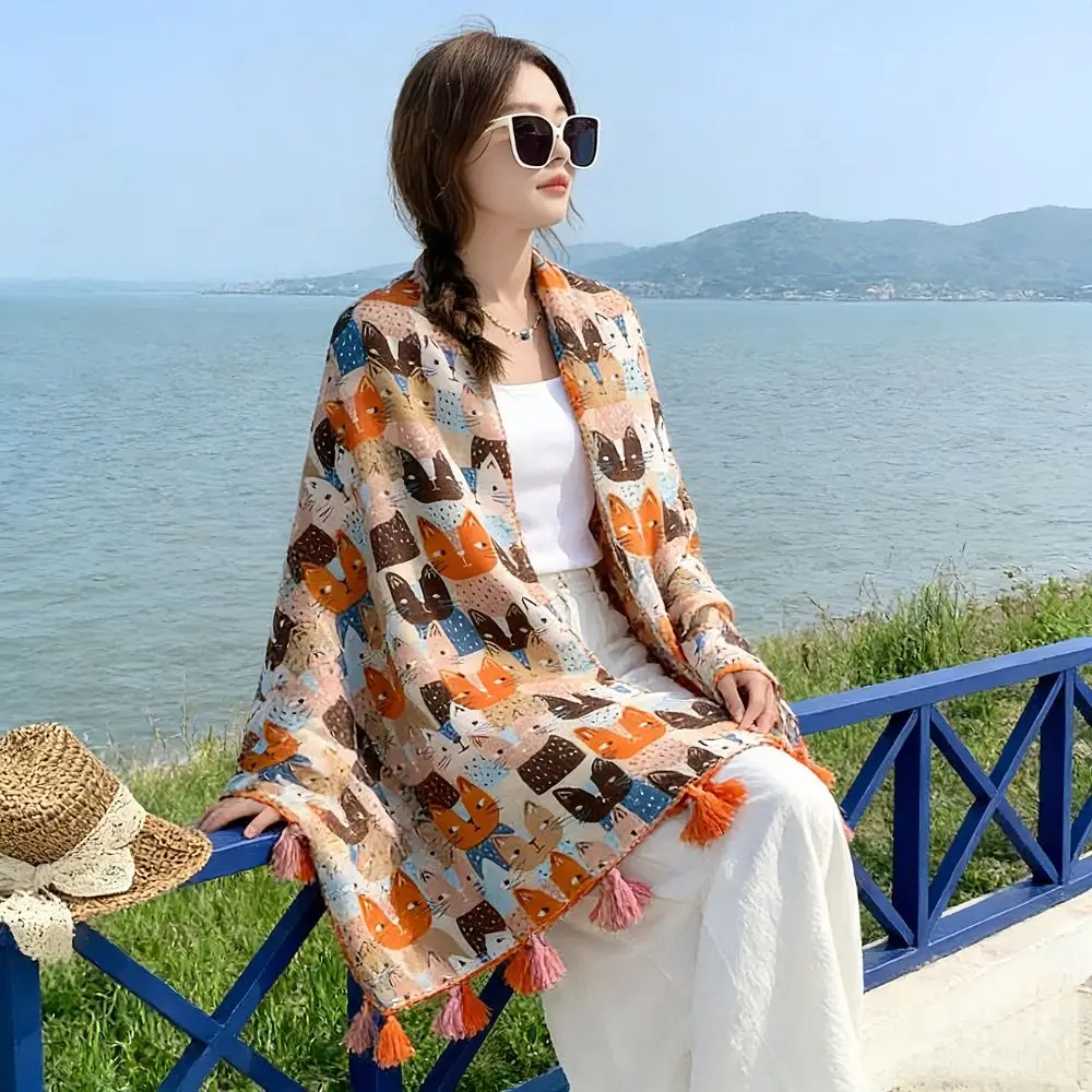 

Длинный шарф с узором кошки и бахромой, большой шарф с мультяшным принтом животных, шелковый шарф с принтом животных из пряжи, аксессуары для шарфов