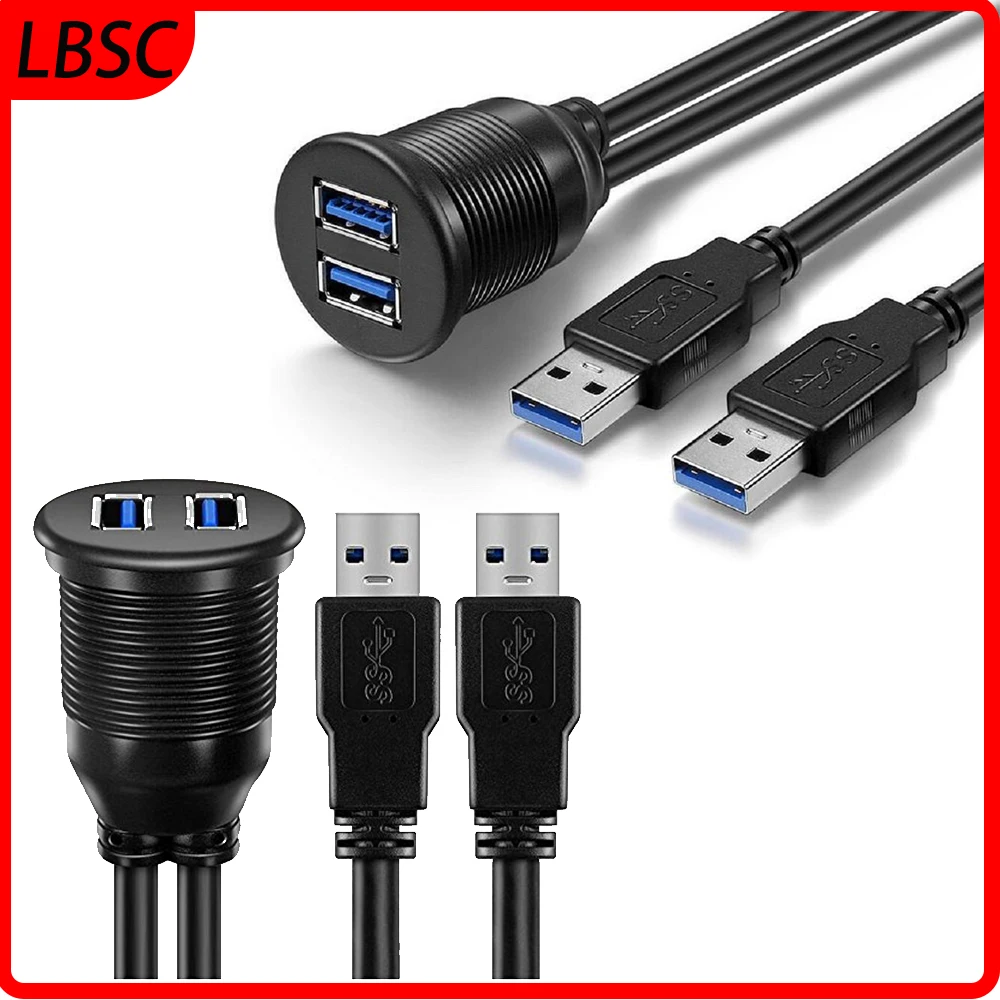 USB Panel Flush Mount Cable , Dual USB 3.0 Extension USB Mount, Dash Mount, Flush Mount, Panel Mount Cable