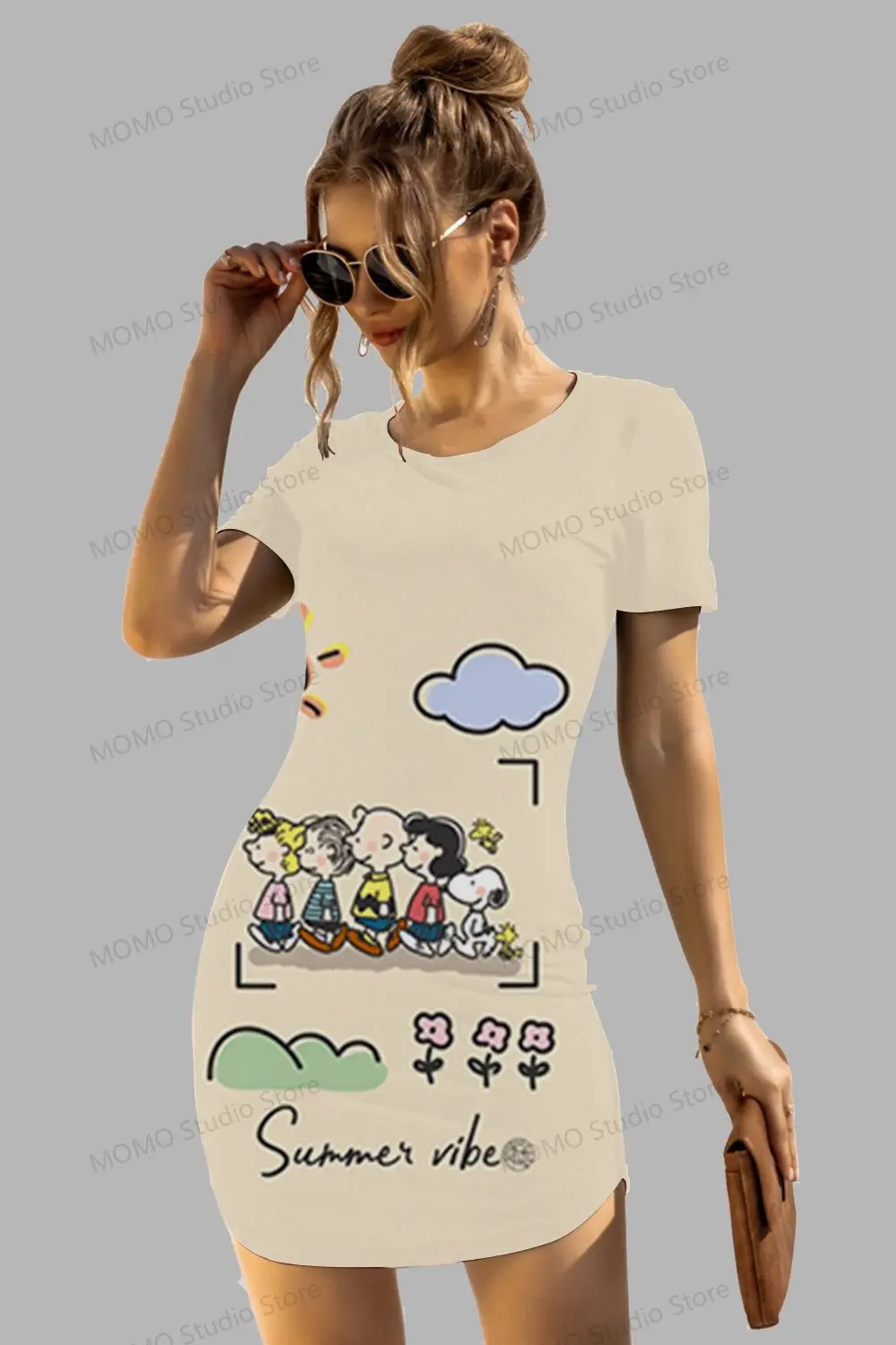 

Snoopy Kawaii Women's Short Sleeve Hip Dresses S-3XL Boho New Dress O Neck Y2k Summer 2024 Fashion Elegant Sexy 2024 Neck