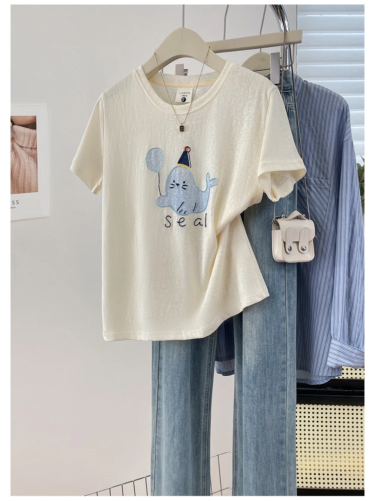 Korean Style Healing Little Dolphin Balloon Print Embroidery round Neck Short Sleeve T-Shirt Women Summer Gentle Slimming Top