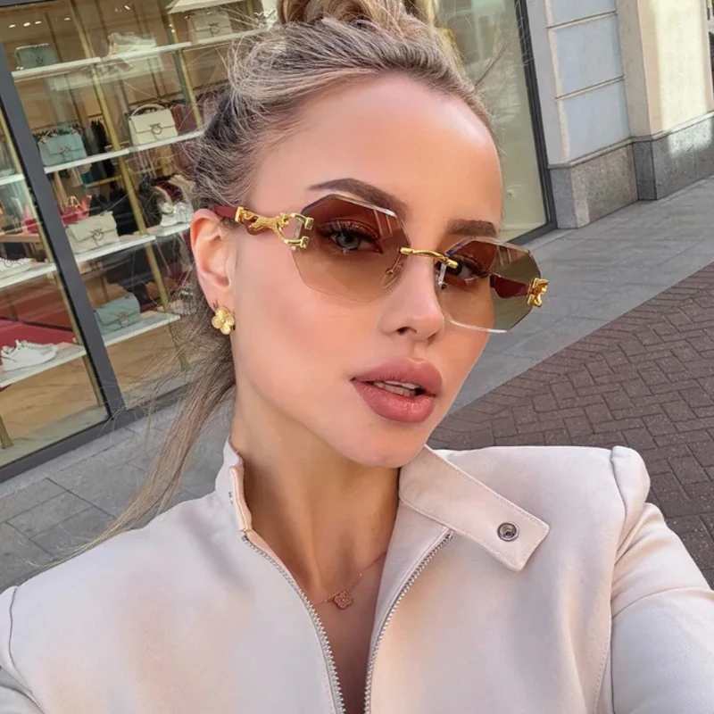 Motorcycle 3pcs Fashion Frameless Polygonal Metal Frame Sunglasses Outdoor Vacation Sun Glasses Leopard Design Eyewear UV400