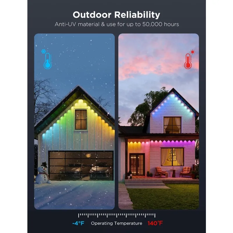 أضواء خارجية احترافية، بطول 150 قدمًا مع 90 مصباح LED RGBIC للإضاءة اليومية والمميزة، 75 وضعًا للمشهد للاستخدام الخارجي في ديسمبر