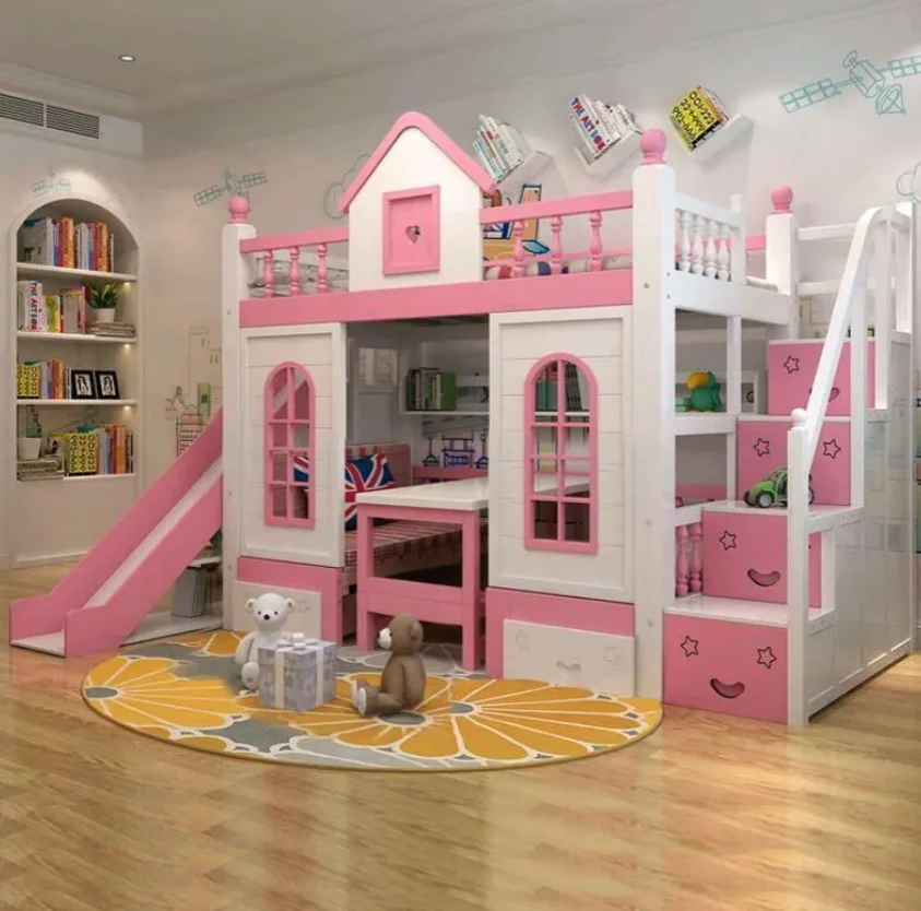 # Cama litera moderna de madera para niños con tobogán y diseño de castillo, ecológica, duradera, con almacenamiento, tamaño completo