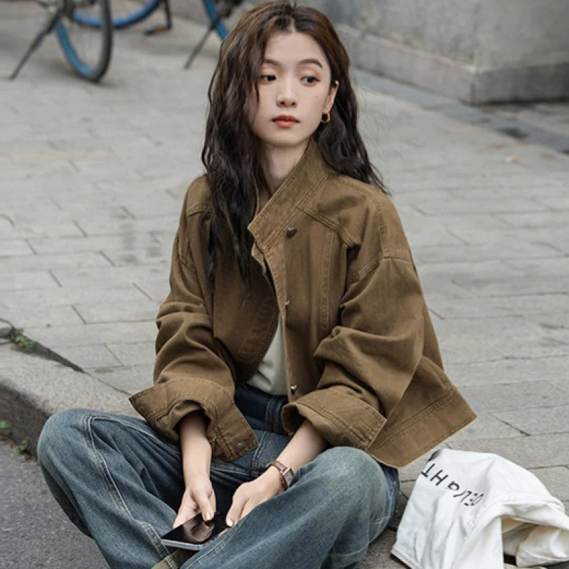 

Vintage Coffee Color Short Spring Autumn New Niche Loose Stand Collar Workwear Short Women