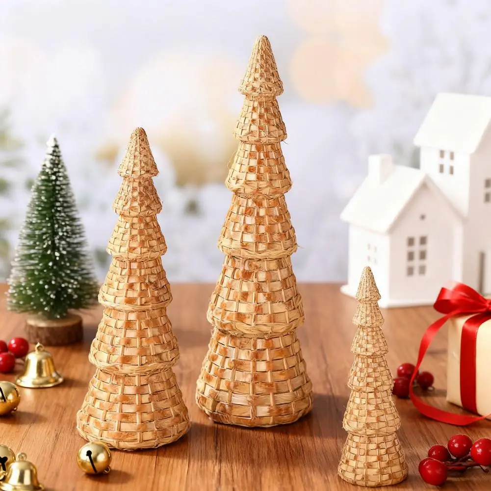

Christmas Tree Decoration Rattan Resin Christmas Tree Cone Figurines Natural Rattan Style Tabletop Holiday Decor Winter Entryway