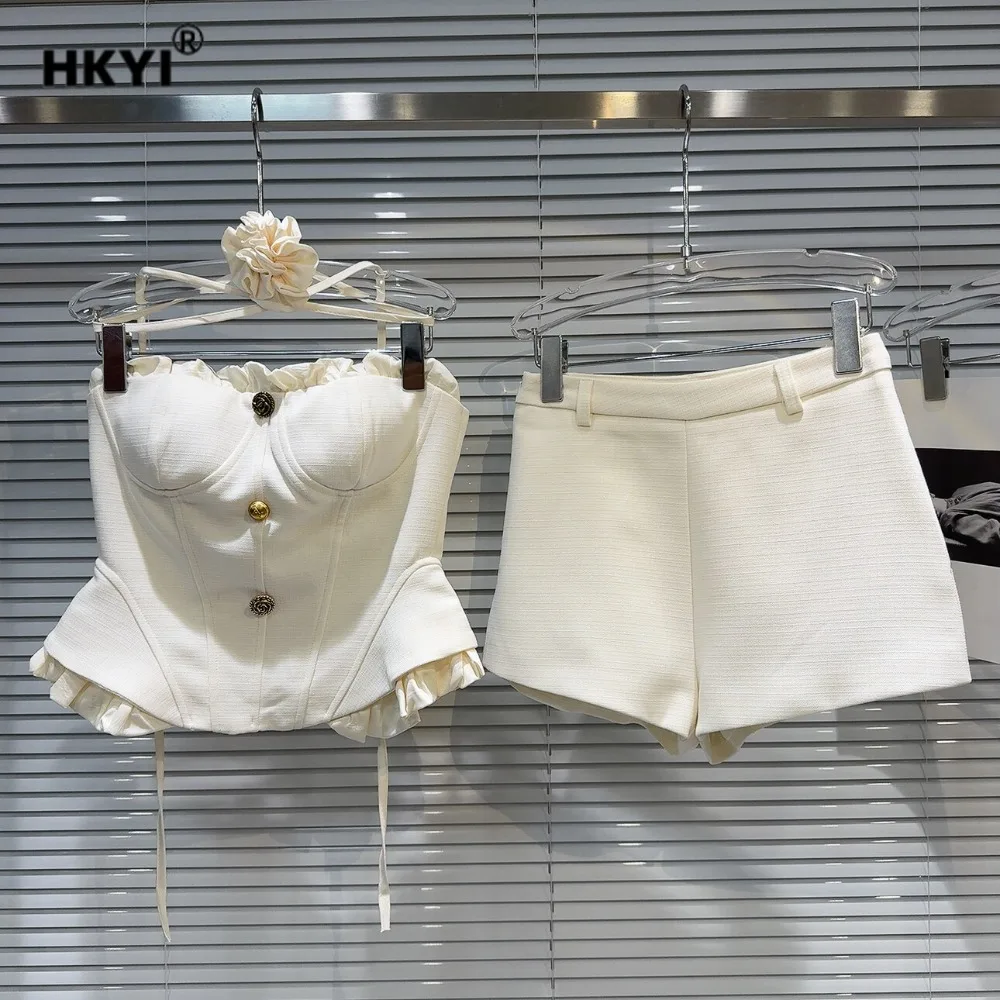 

High Street Two Piece Set Women's Summer New Lace Skirt Metal Buckle Strapless Vest+shorts 2pcs Set