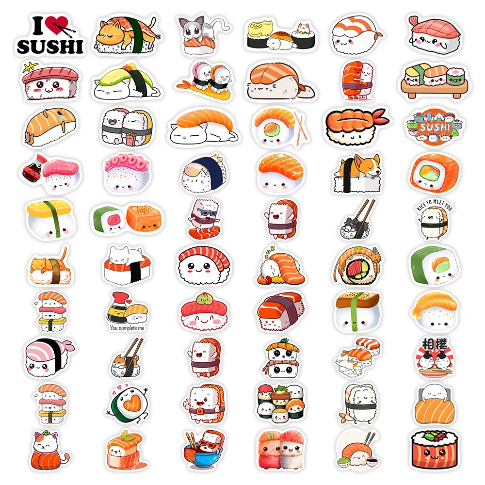 Cute Cartoon Japanese Sushi Stickers Anime Seafood Onigiri DIY Toy Gift Waterproof Decal for Laptops Phones Bottles Decorative