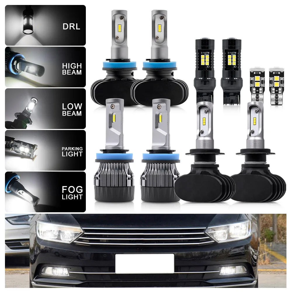 Zestaw modernizacyjny żarówek reflektorów LED Bright White do VW Passat B8 2015 2016 2017 2018+ Światła mijania, światła drogowe, światła przeciwmgielne, światła DRL, światła postojowe