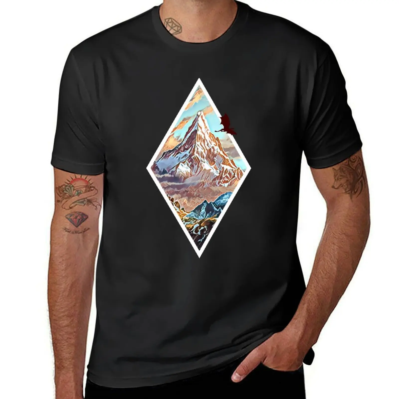 The Lonely Mountain - Dragon - Digital Art - Diamond Frame Black Fantasy T-Shirt summer tops tees workout shirts for men