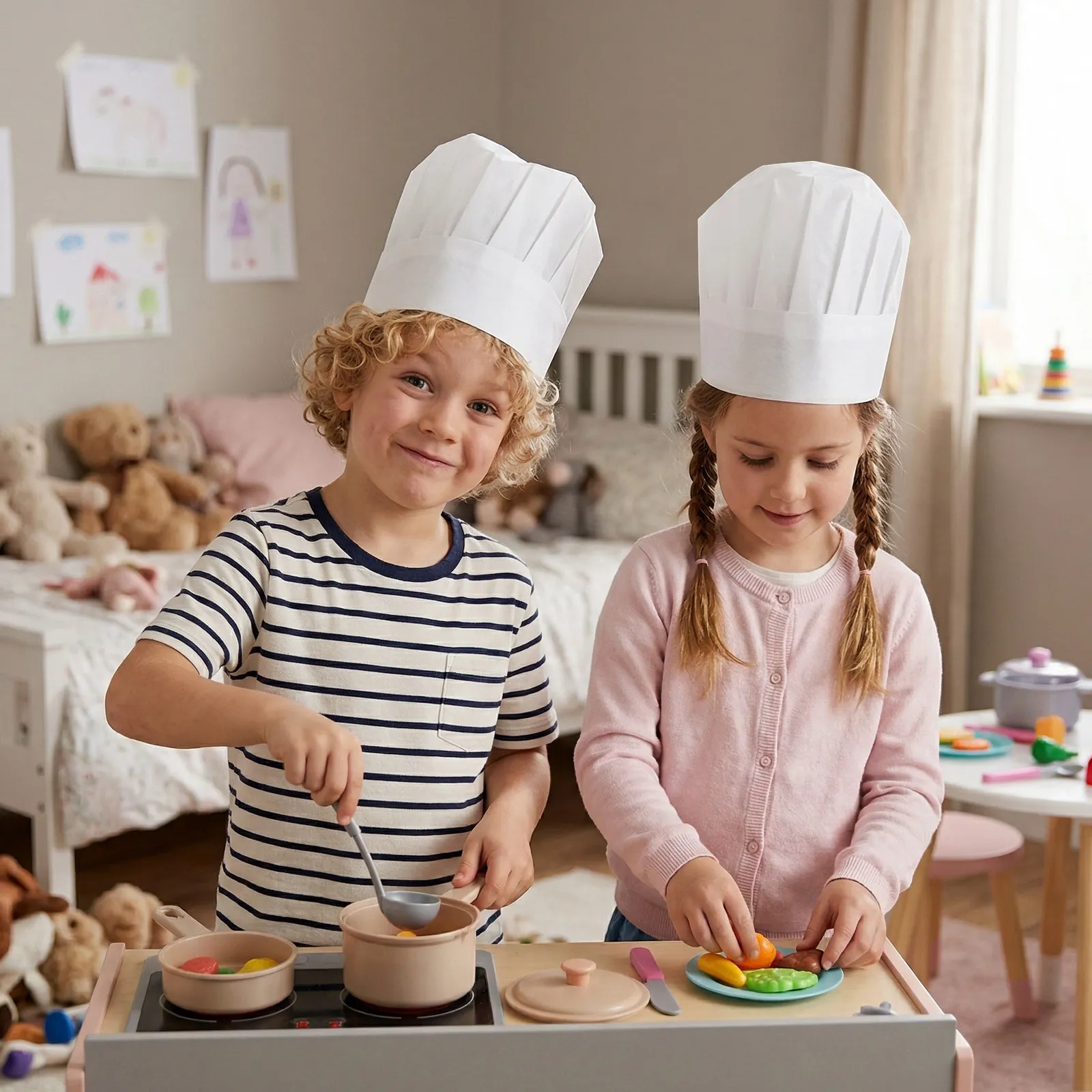 20pcs Children Disposable Chef paper Hats Food Catering tool Lightweight Kitchen Headgear Cooking paper Cap kids party supplies