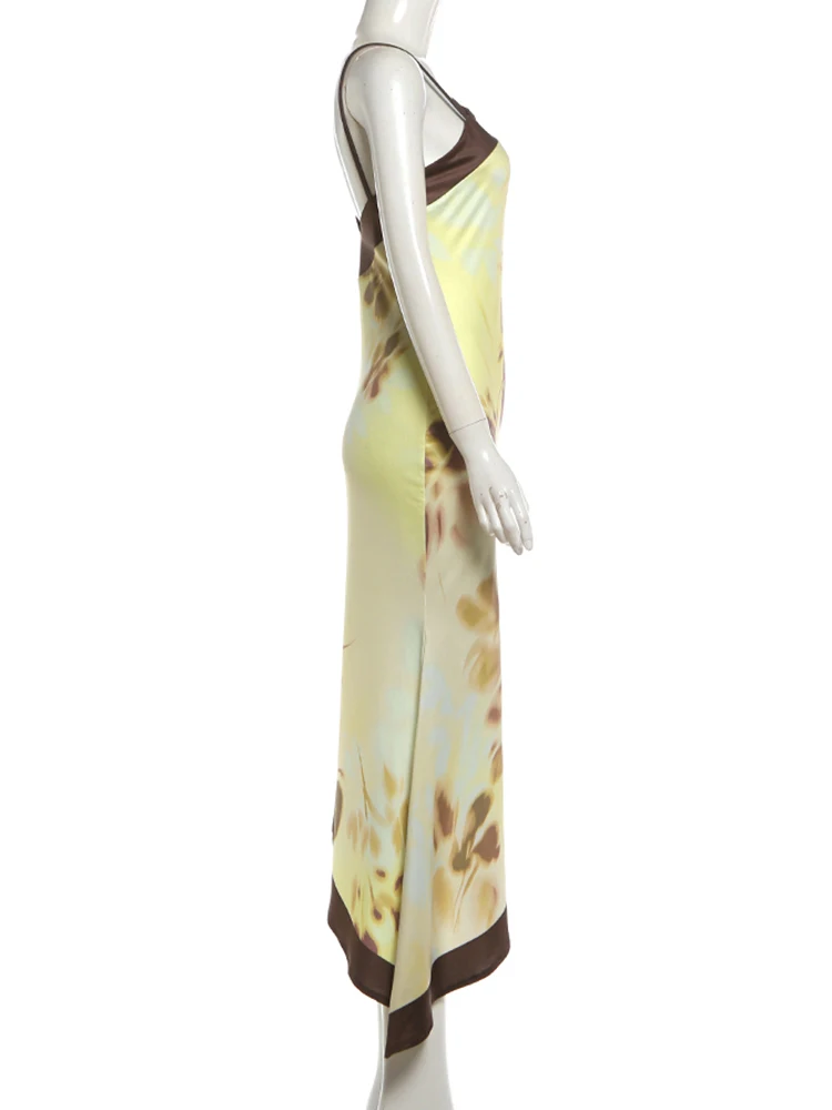 Nibber Sling-Kleid mit unregelmäßigem Saum und Pflaumenblüten-Print für Damen, Sommertrend, schräger Kragen, rückenfrei, Streetwear, eleganter Stil, lang, figurbetont – Detail 4