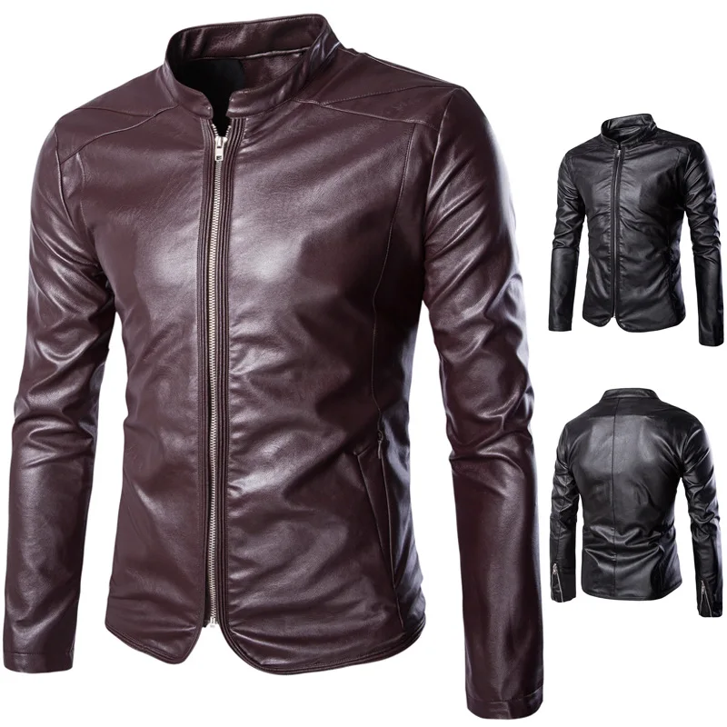 Men's British Mock Neck Motorcycle Leather Jacket, Punk Business Gentleman Coat, Autumn and Winter