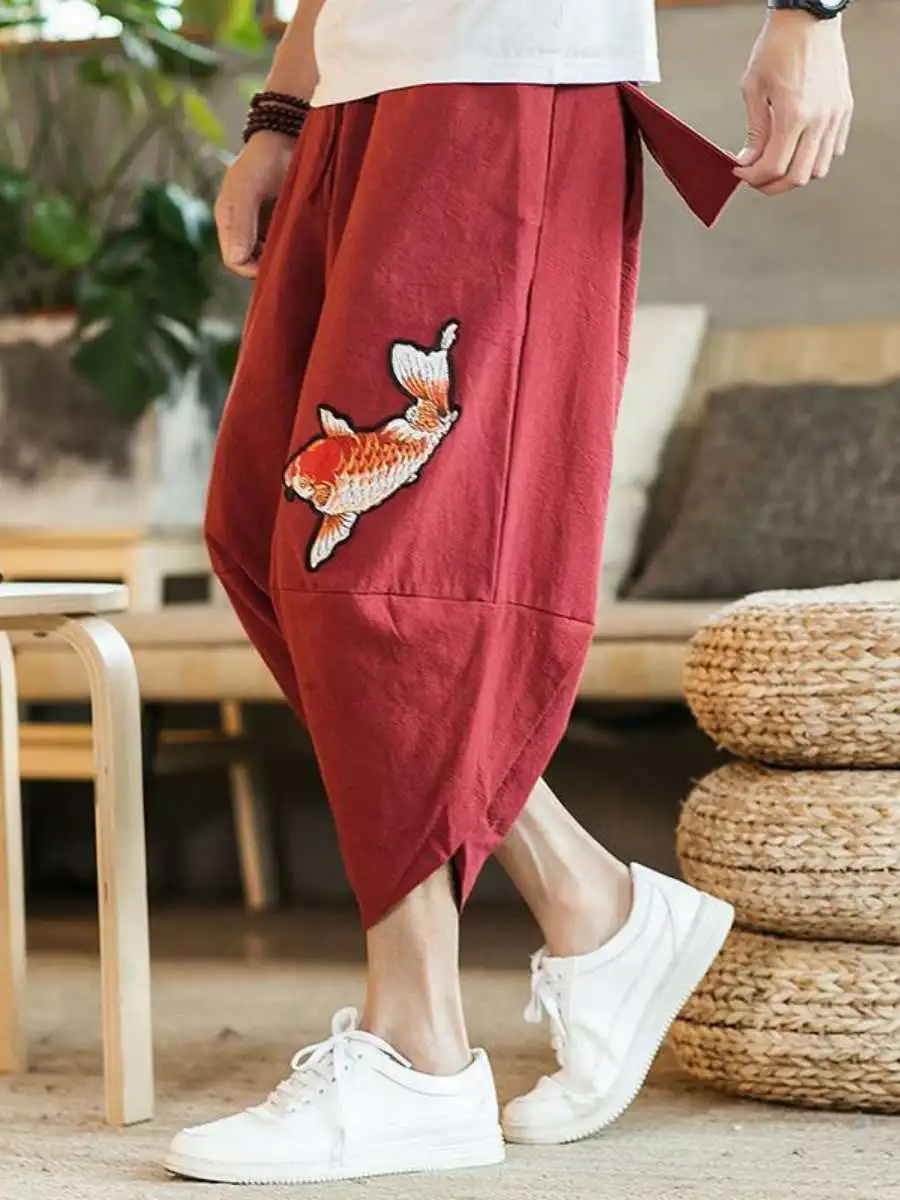 

New High Waist Linen Men's Casual Pants Cuffed Wide Leg Seven-Footers Spring Summer Loose Fit Trousers for Men