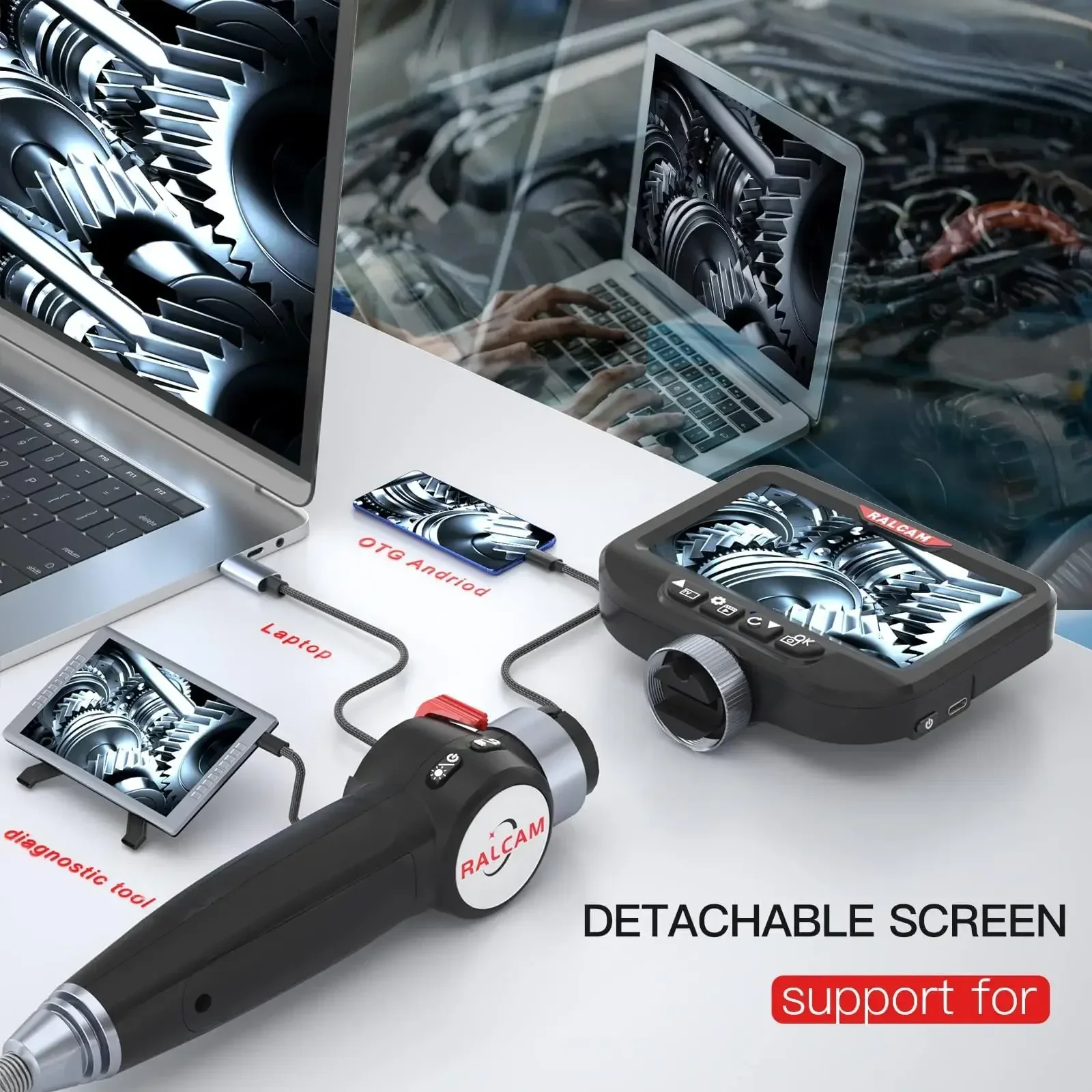 RALCAM  Two-Way Articulating Borescope, 6.2mm Lens Articulated Snake Camera, 4.3'' Screen  for Auto Home Mechanics