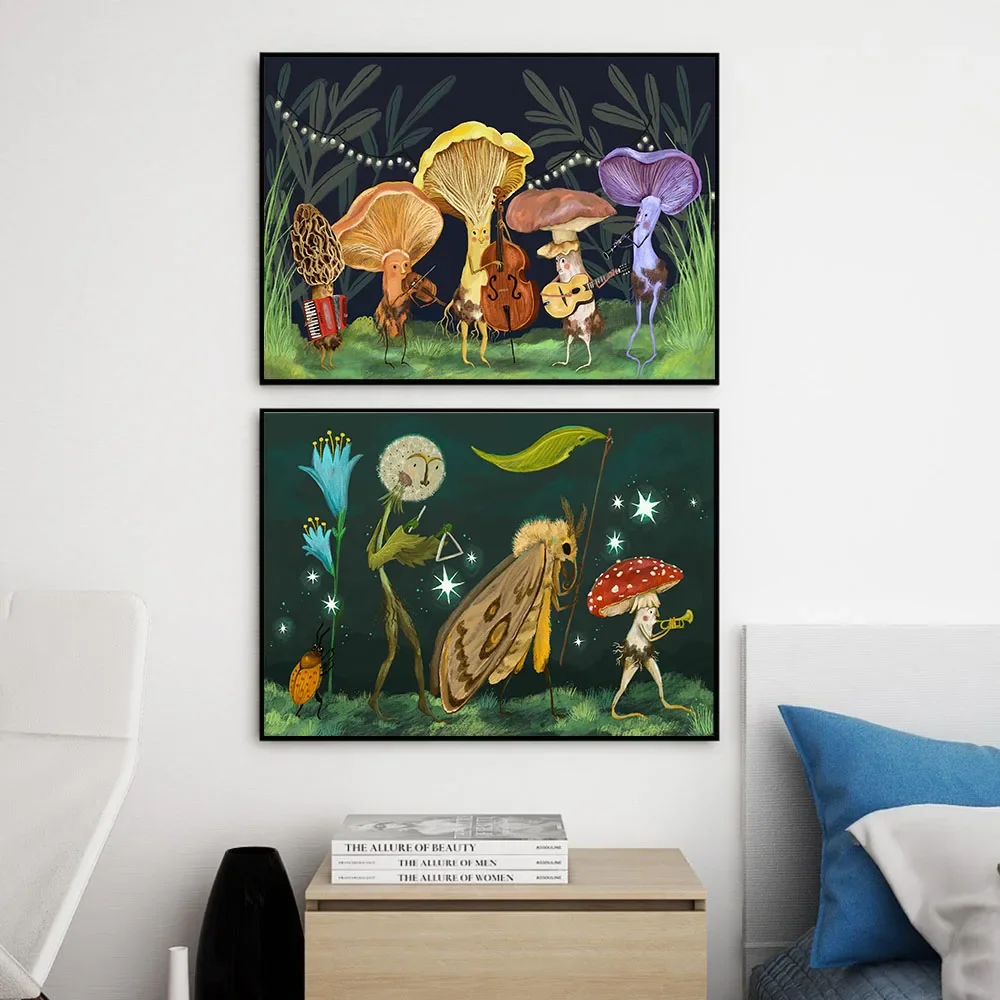 

Funny Mushroom Band Vintage Music Art Prints and Posters Mushroom Wall Art Woodland Decor Antique Forest Canvas Print Painting