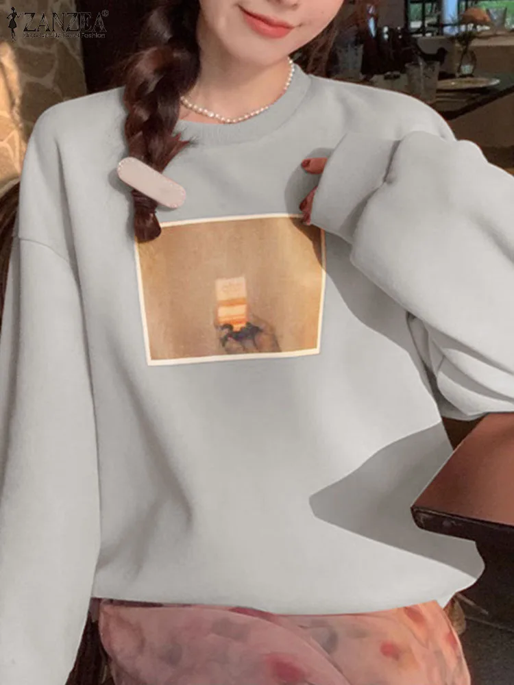 

Fashion Sweatshirts Women Long Sleeve Drop Shoulder Pullover ZANZEA 2023 Autumn Leisure Sweater Korean Printed Round Neck Tops