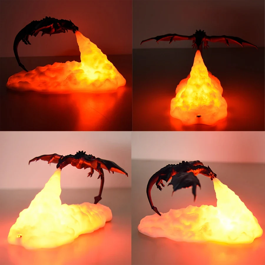 3D Printed Flying Fire Dragon Flame Night Light USB Rechargeable LED Lights Indoor Desk Lamp Holiday Birthday Gift Decorations