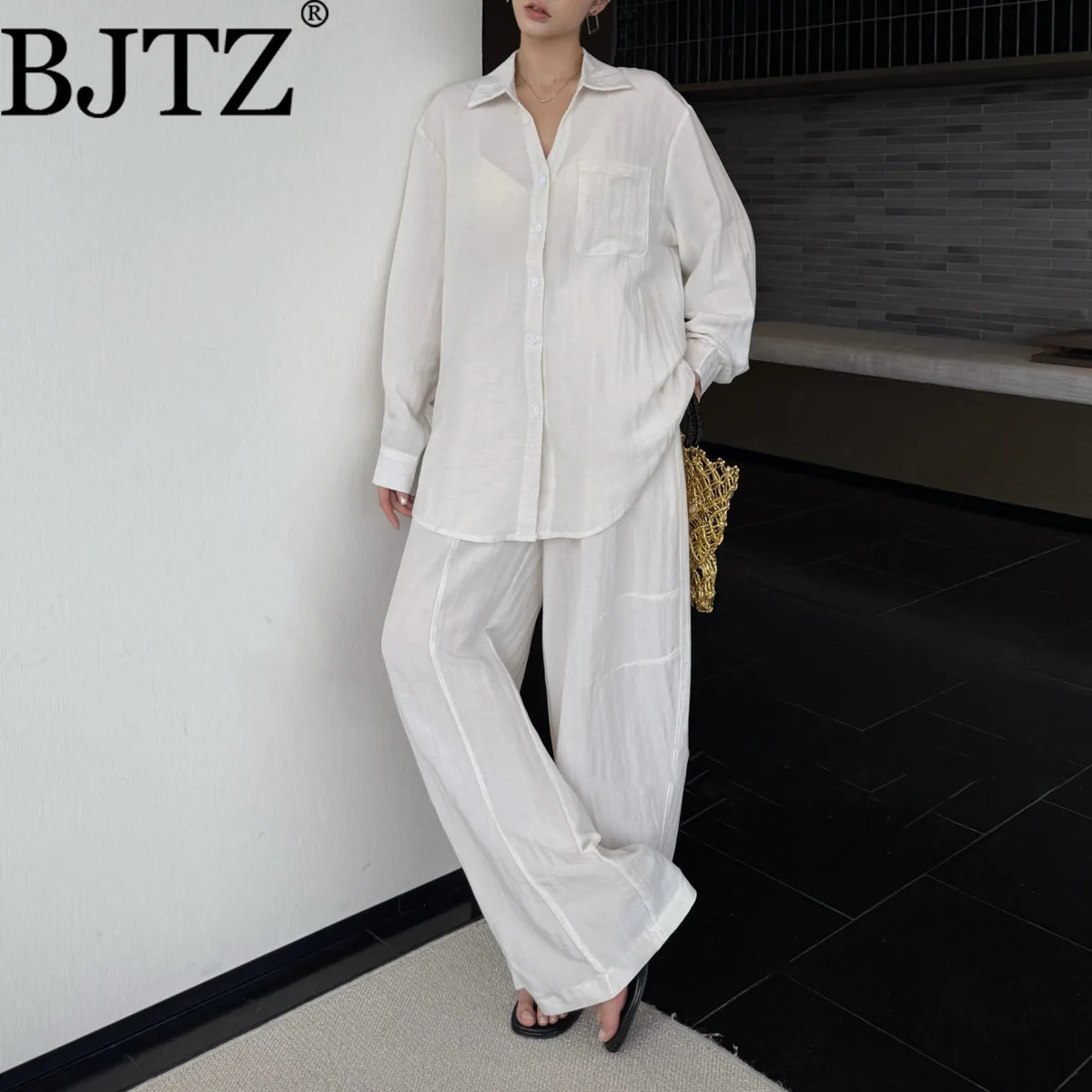 

BJTZ Solid Color Loose Single Breasted Lapel Shirt+wide Leg Casual Pant Two Piece Set For Women 2025 Spring Summer New Fashion