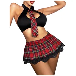 Tartan Lace Trim School Girl Costume Set Mini Skirt Tie Uniform Set Lingerie Sexy Porn Underwear Women Body Uniform Female