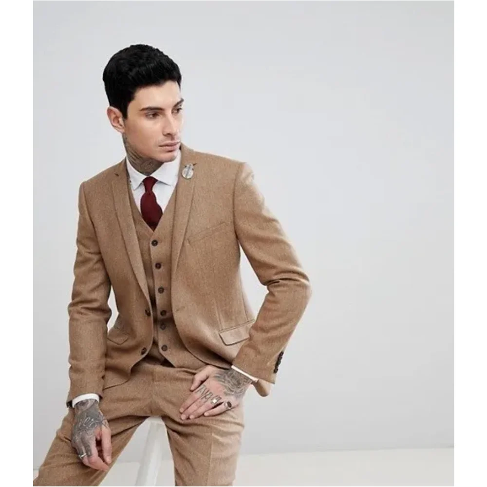 

Custom Made Brown Tweed Mens Suits Wedding Tuxedos Formal Business Men Suit 3Pieces Terno Masculino Blazer (Jacket+Pant+Vest)