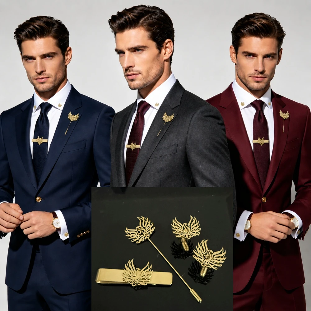 Custom Cufflink Tie Set Bar Personalized Logo Phoenix Lapel Pin Groomsmen Wedding Business Suit Accessories for Men Formal Wear