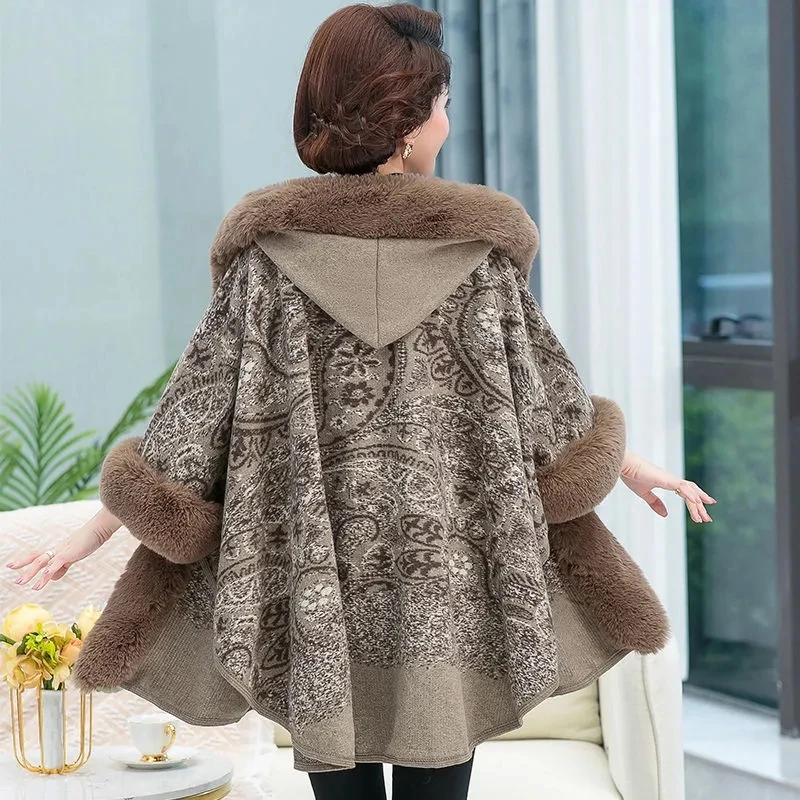 Big Fur Collar Shawl Jacket Autumn Winter Middle-aged Mother Loose Thick Cardigan Cloak Coat Women Casual Hooded Knitted Sweater