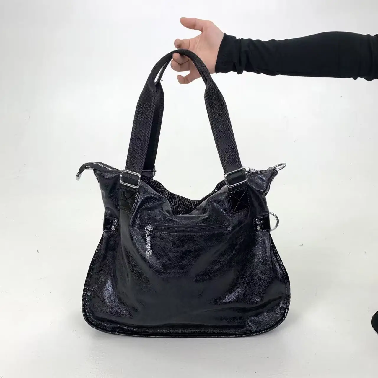 Retro Punk Style Sequin Tote Bag for Women Large Capacity Alligator Pattern High Quality Leather Handbag Wide Strap Shoulder Bag