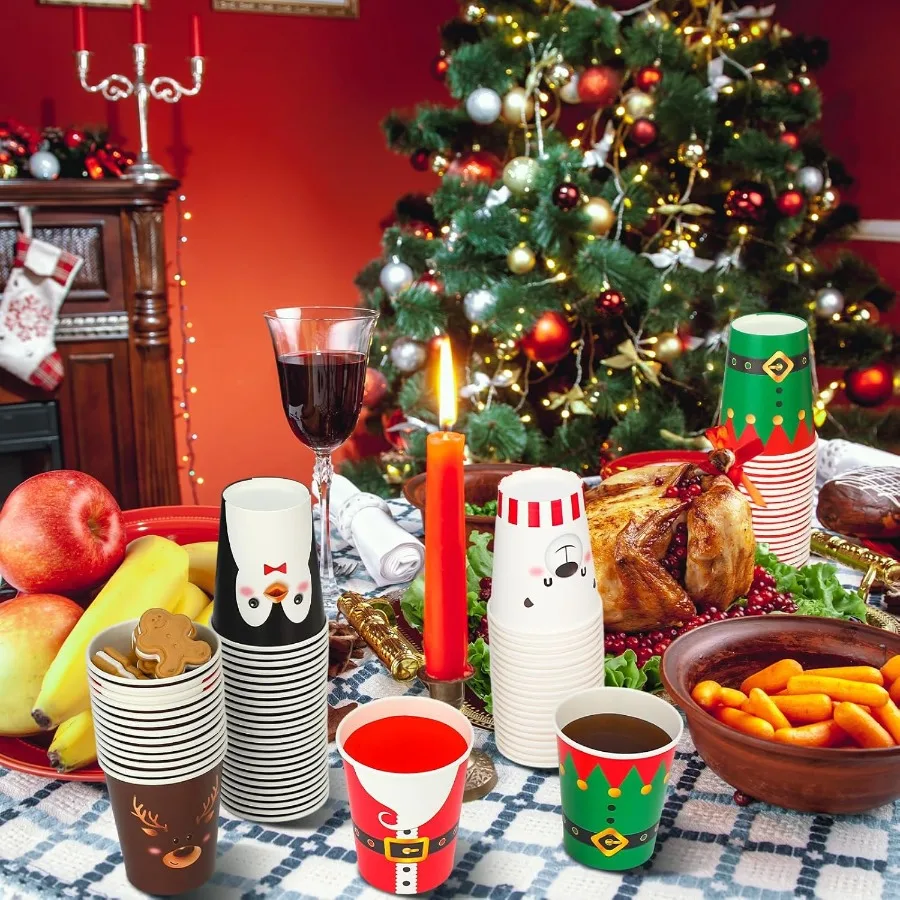 200 Pcs Christmas 9 oz Paper Cups Disposable Coffee Cups Santa Snowman Elk Disposable Hot Cups Xmas Party Drinkware Supplies fo