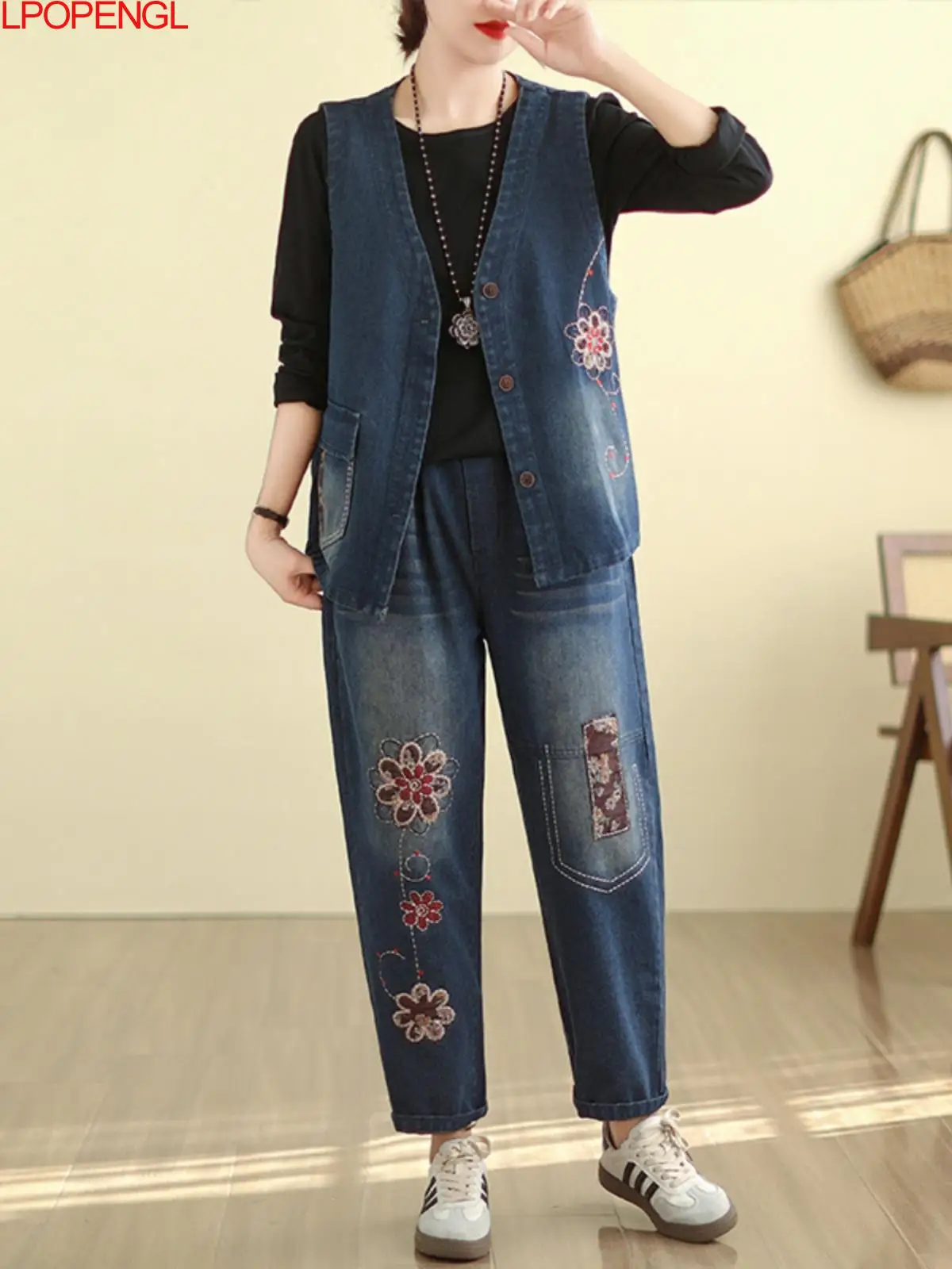 

Fashion 2024 Spring Ethnic Style New Casual Denim Vest Suit Women's Patch Embroidered Jeans Fashion Loose Two Piece Set Trendy