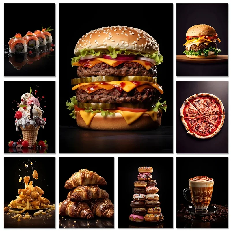 Современный художественный постер с бургерным картофелем фри, хлебом, абстрактными хлопковыми принтами на холсте для кухни, кафе