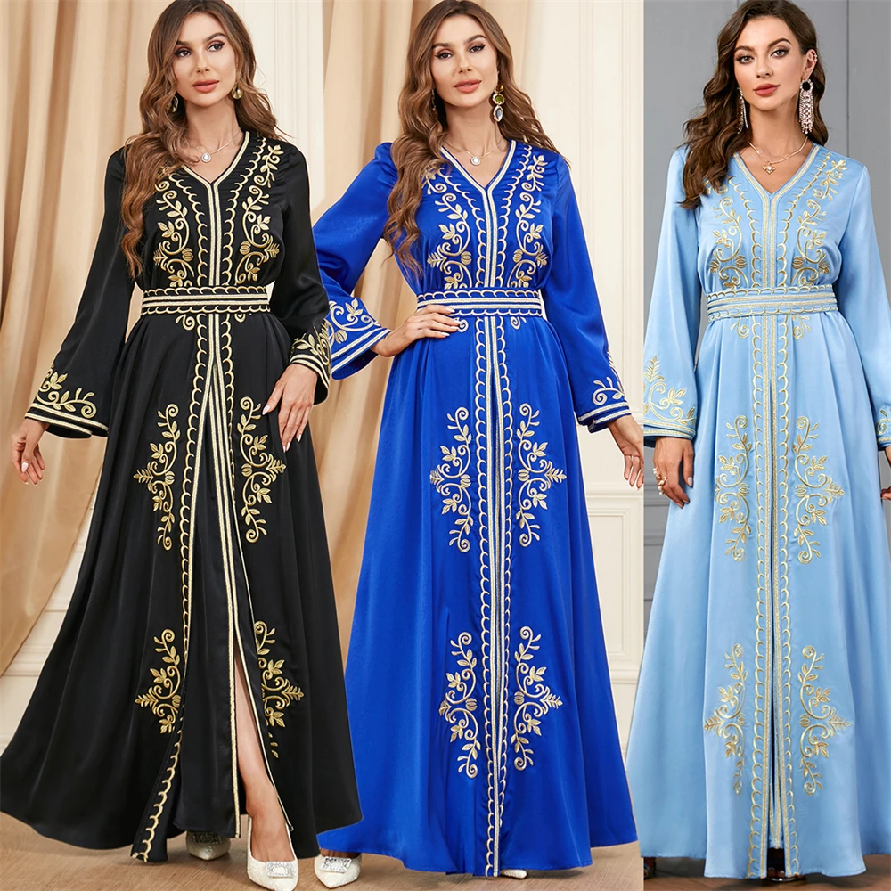 

Fashion Ethnic Muslim Woman Abaya 2 Piece Set Moroccan Caftan Solid Embroidery Full Sleeve V-Neck Sashes Turkish Robe Ramadan