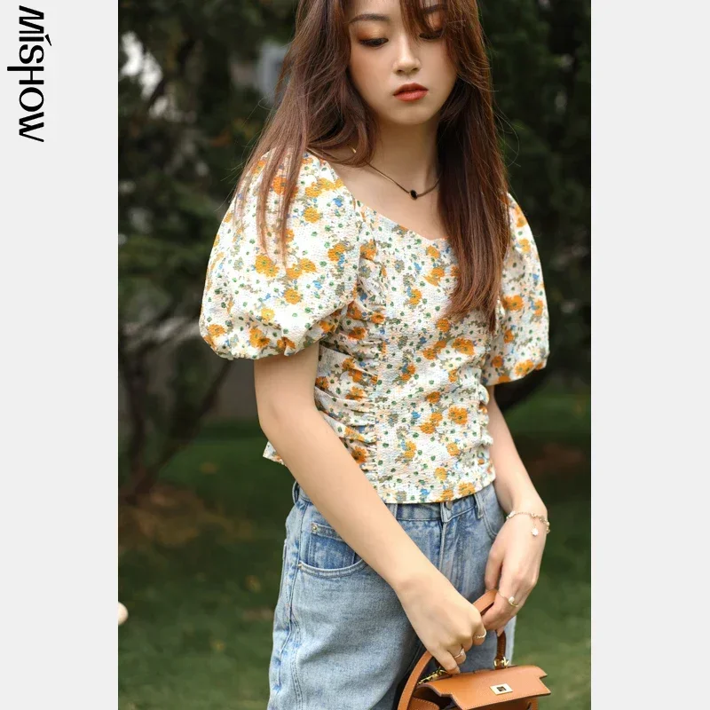 MISHOW Blouse Women 2023 Summer New High Waist Floral V-neck Casual Chiffon Shirts Puff Sleeve Shirt Female Fashion MXA24L0179