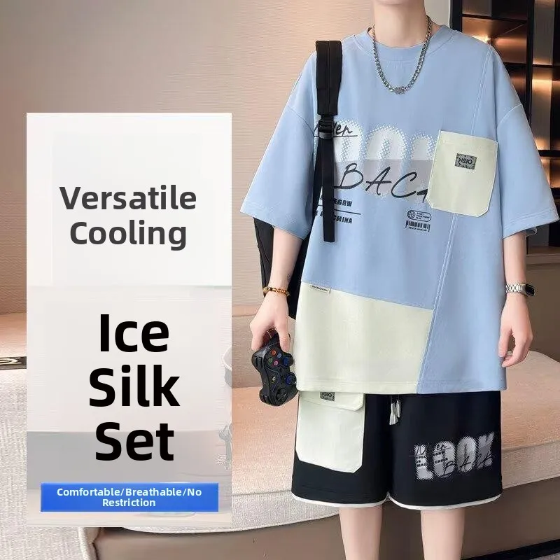 

plus Size Men's Summer Casual Sport Short Sleeve Set Five Sleeve Two Piece Trendy Shorts Outfit Polyester Fiber Teenager Suit...