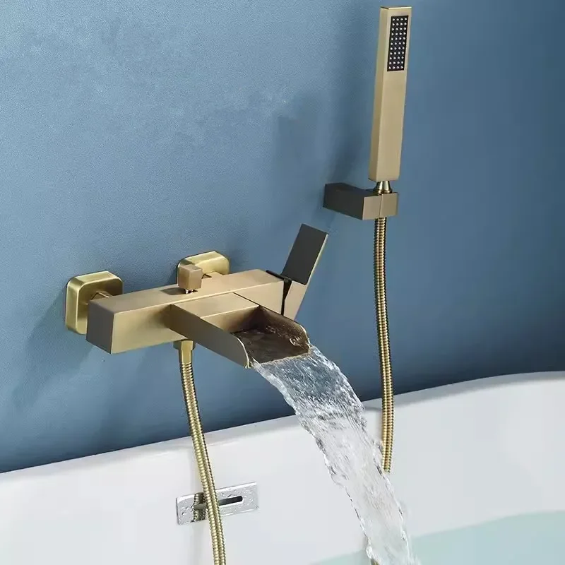 

Brushed Gold Bathtub Shower Set Wall Mounted Black Bathtub Faucet White Bathroom Waterfall Bath Mixer Tap Brass