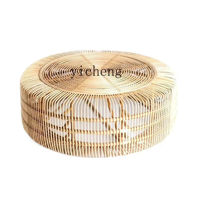 ZC Rattan Tea Table Natural Style Hand-Woven Indoor Glass round Tea Table B & B Style Coffee Table home decoration accessories