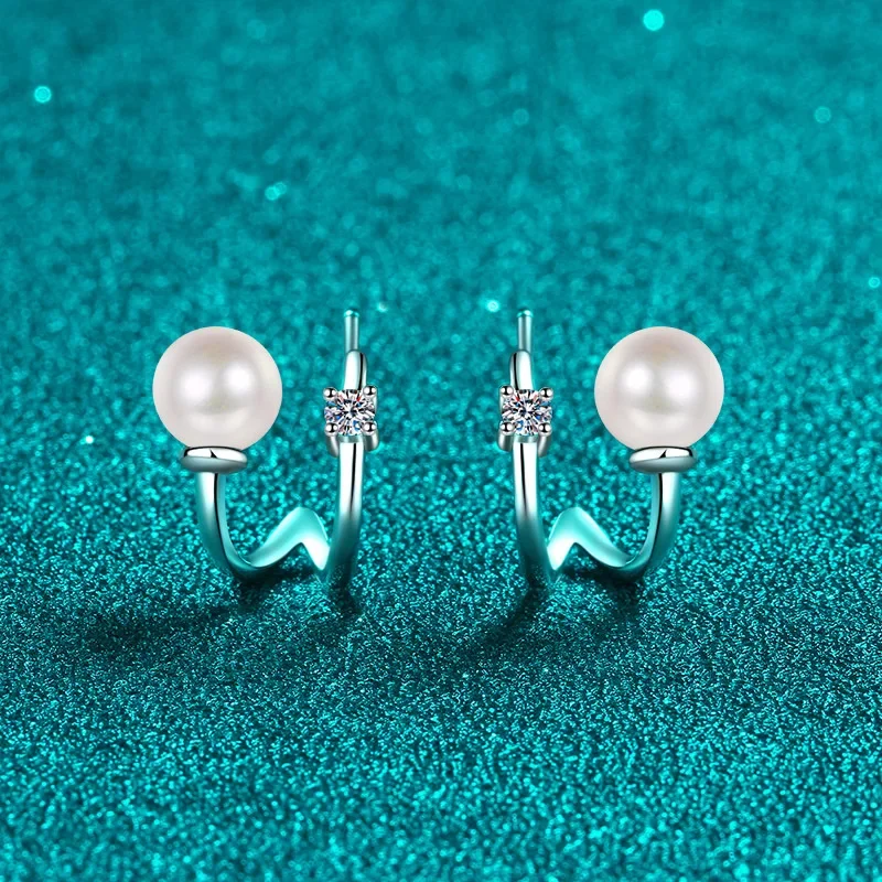 18K Gold Inlaid U-shaped Women's Earrings, 6-point Moissanite Freshwater Pearl Earrings, Pt950 Platinum Fashionable Earrings