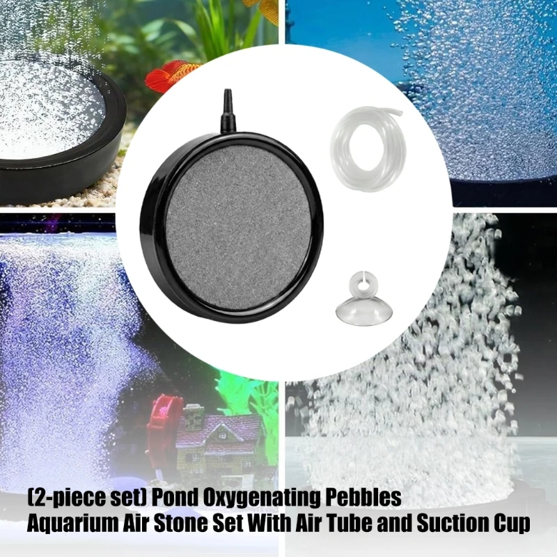 Fine Bubble Air Stone Set, 2 Porous Disc Diffusers with Connection Lines and Suction Cups for Fish Tanks and Pond Water 87HA