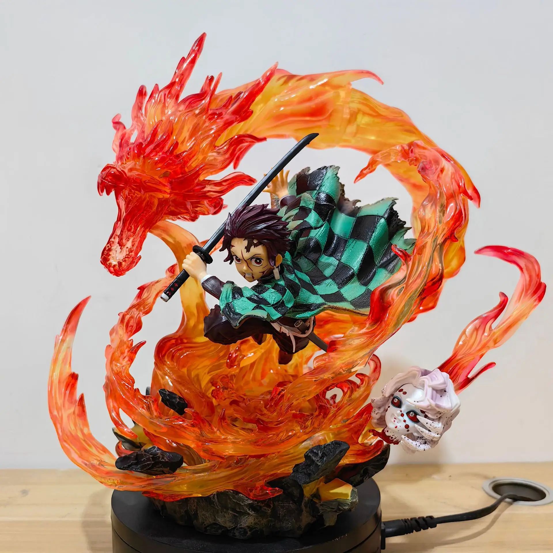 30cm Gk Statue Tanjirou Kamado Pvc Action Figure Fire Dragon Withled Light Anime Demon Slayer Kimetsu No Yaiba Figuras Toys