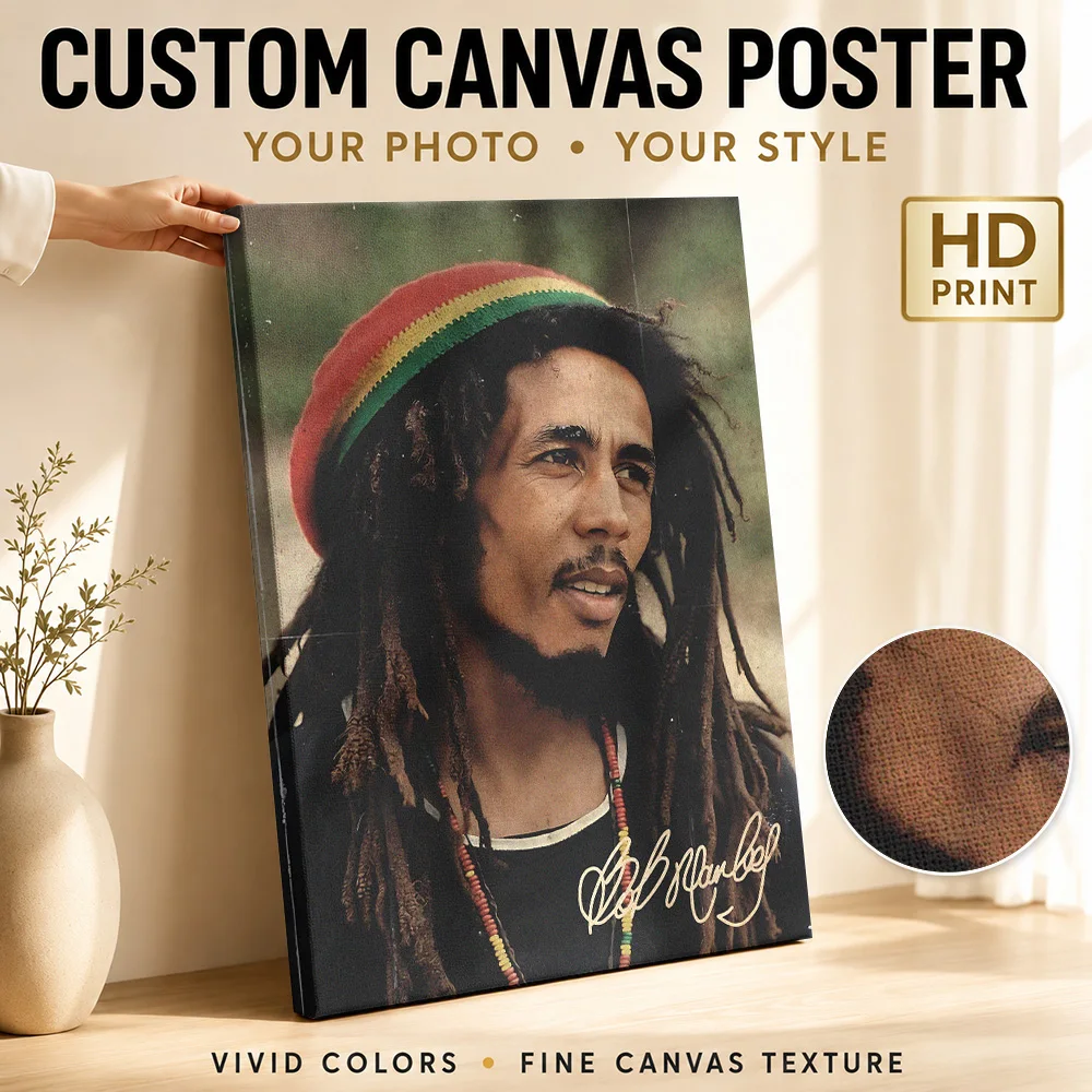 Bob Marley Portrait with Signature Canvas Painting Poster Customized Photo Retro Music Wall Art for Studio Decor Ready to Hang