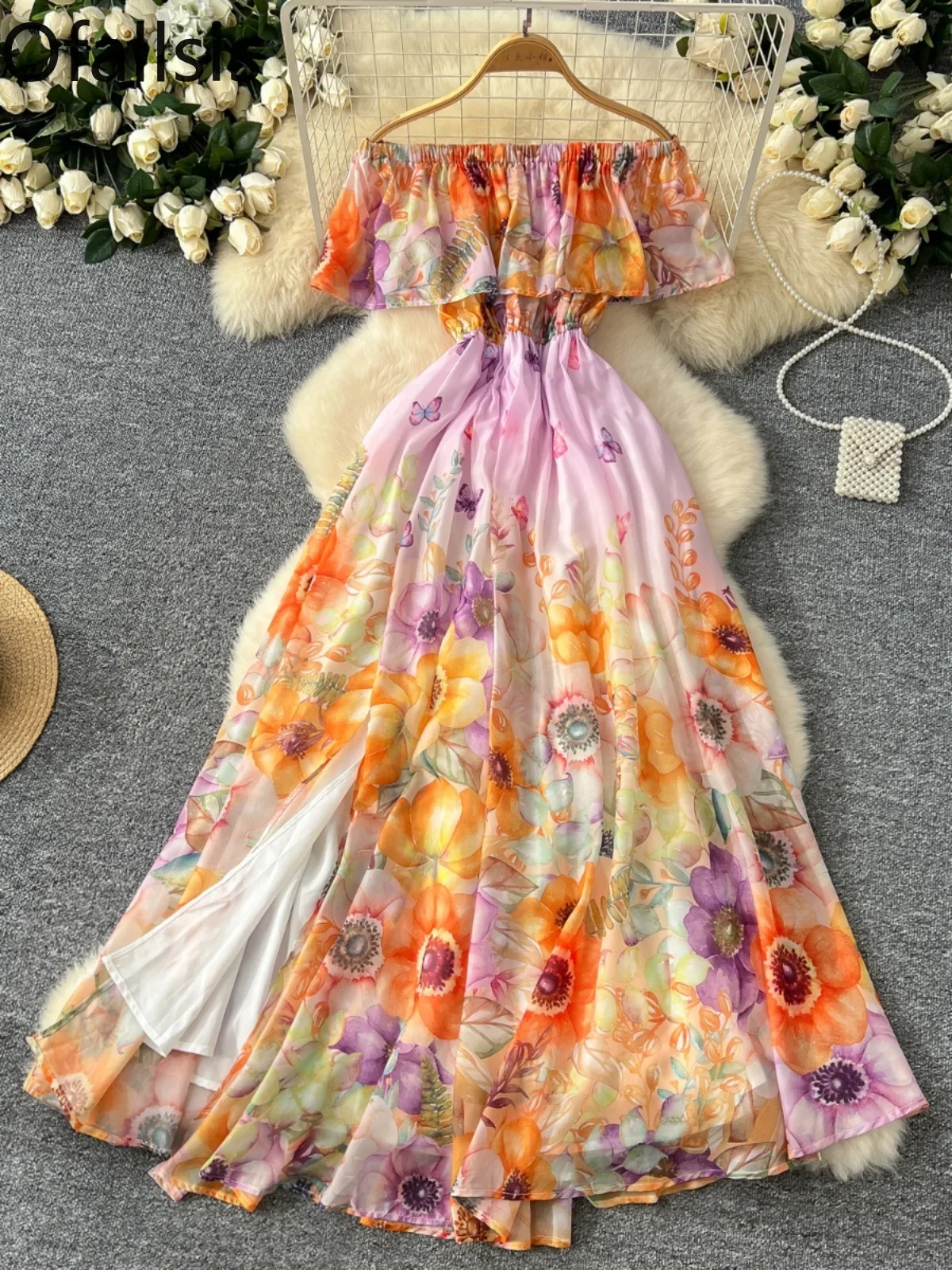 Ofallsis Off Shoulder Sexy Vacation One Shoulder Lotus Leaf Edge Dress 2024 New Splicing Long Large Swing Printed Chiffon Dress