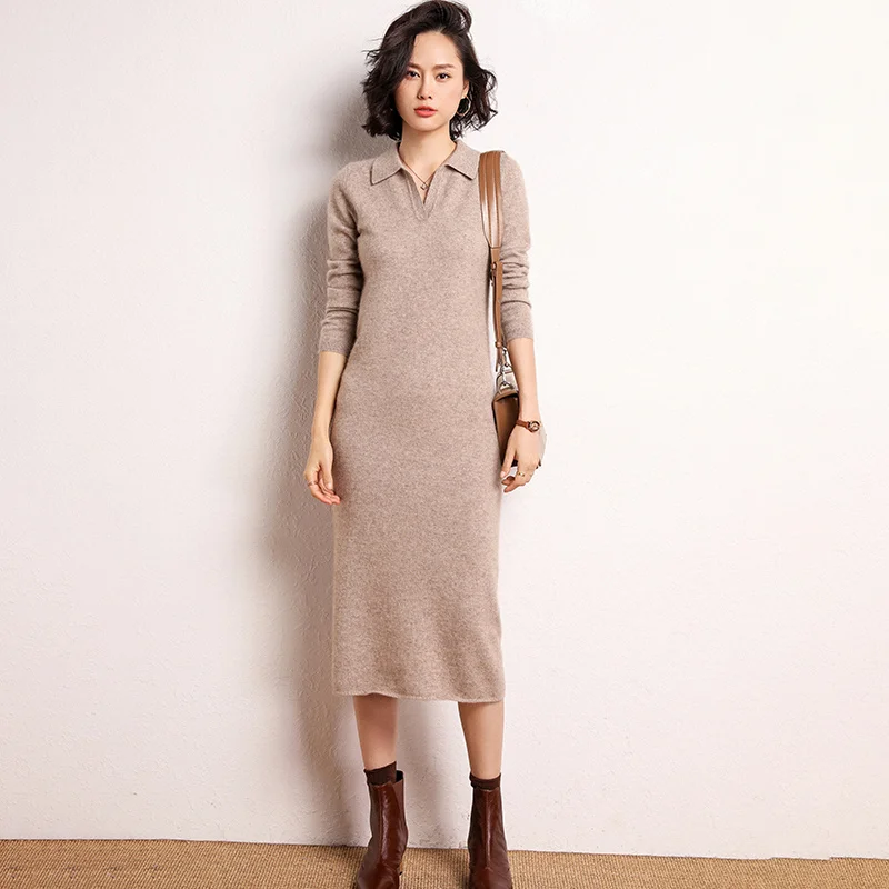 

Autumn and Winter New Women's Lapel Cashmere Knitted Dress Knee Length Pullover Dress POLO Collar Medium Long Wool Dress