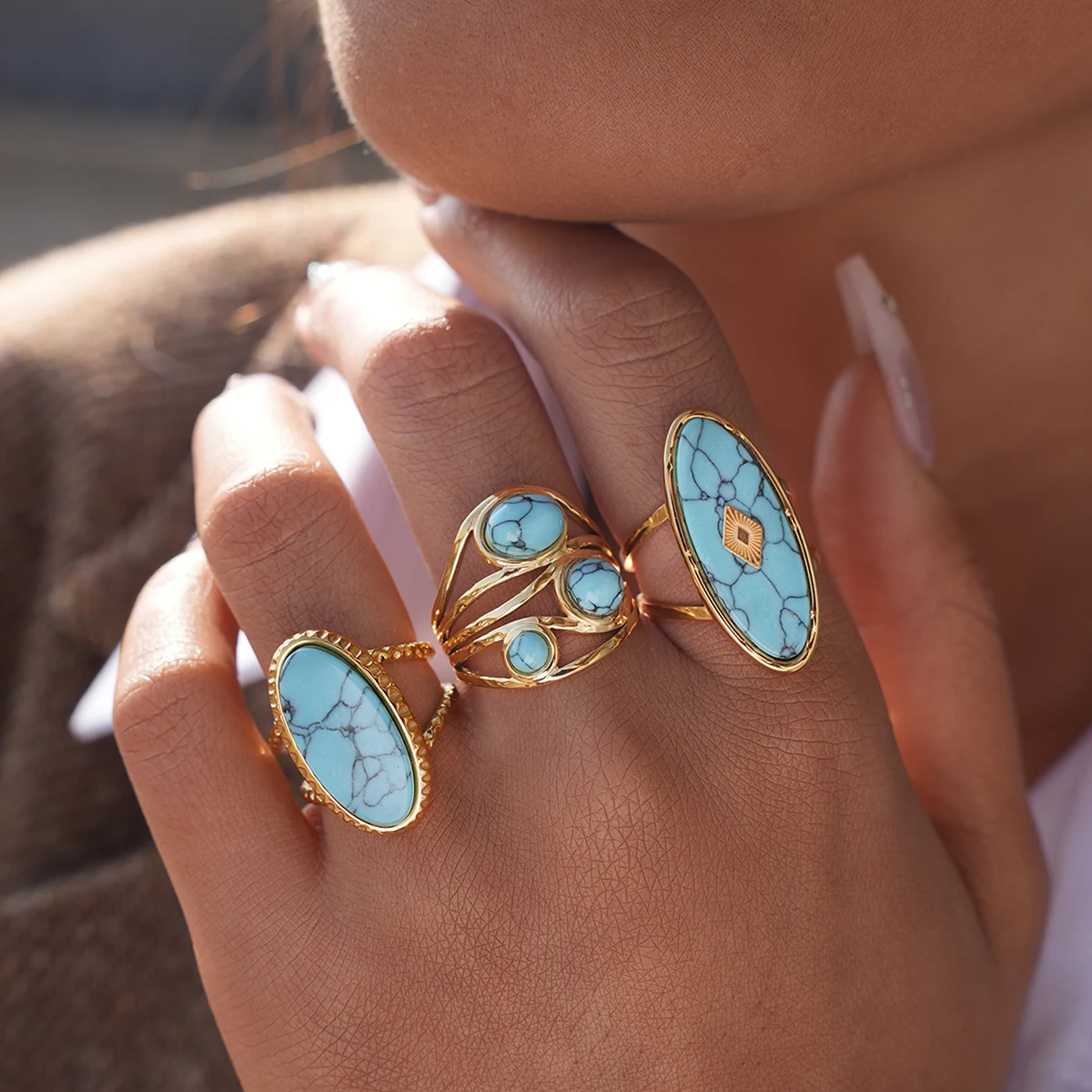 Vintage kreisförmige Öffnungsringe aus Naturstein ​ für Damen, 18 Karat vergoldeter Edelstahl, wasserdicht, hochwertiger Schmuck