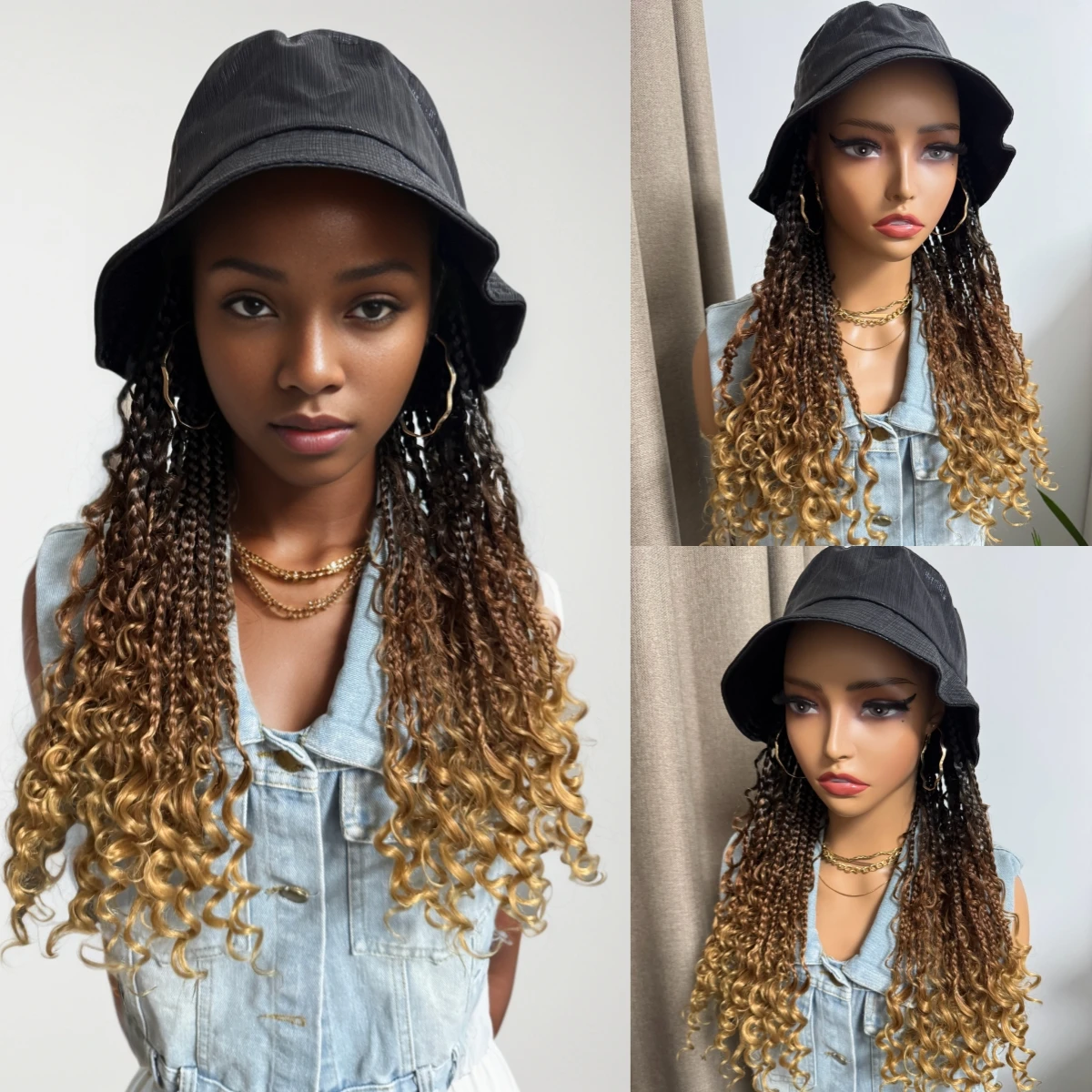 

WIGERA Synthetic 14/18Inch Goddess Boho Box Braids Ombre Braiding Bohemian Braids Hair Extensions With Bucket Hat Wigs For Women