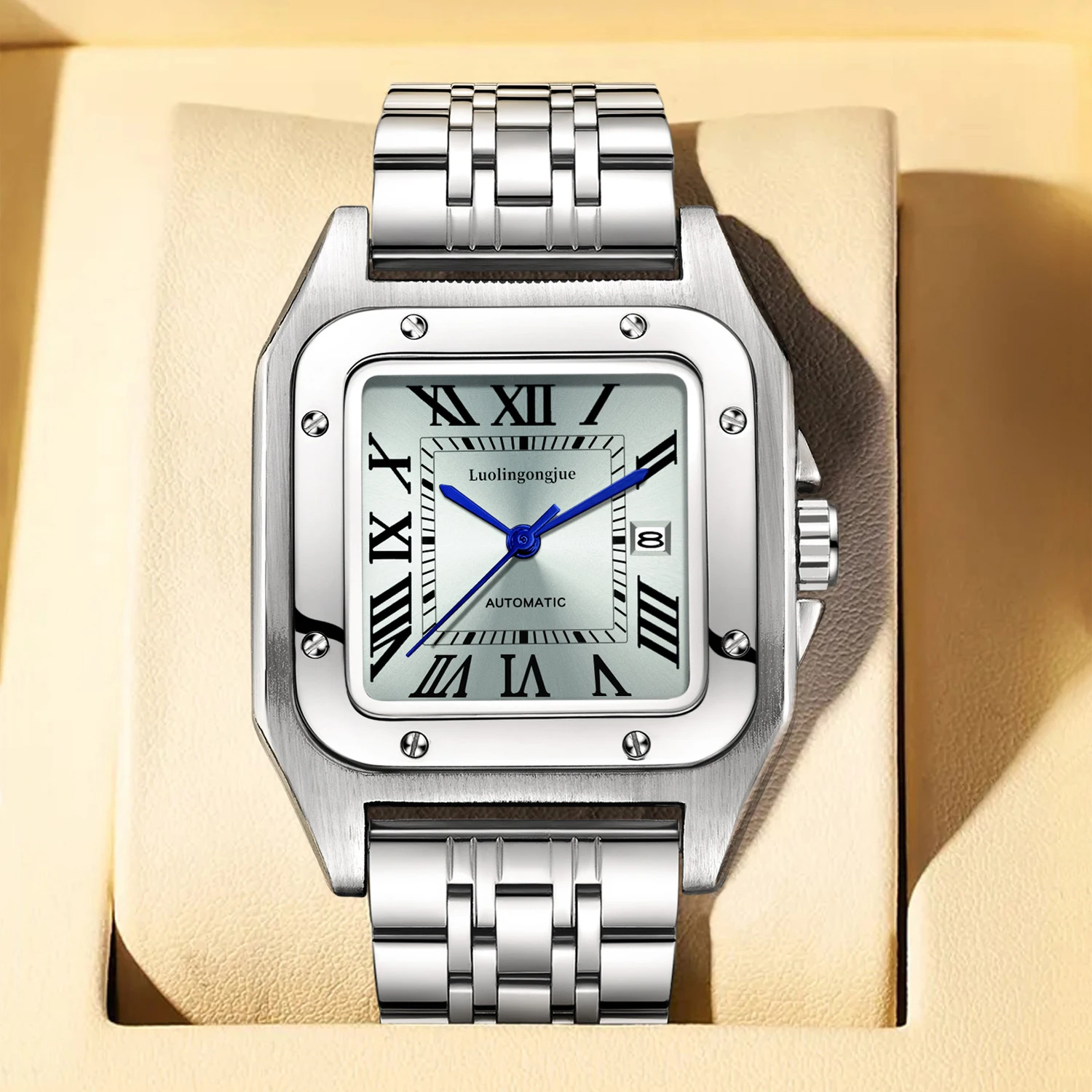 ساعة سانتوس تانك للرجال، ساعة ميكانيكية أوتوماتيكية بالكامل، تصميم هيكل عظمي، حزام من الفولاذ المقاوم للصدأ بمشبك على شكل فراشة، ساعة رجالية مربعة صغيرة فاخرة، ساعة يد رجالية عصرية متعددة الاستخدامات للأعمال، أفضل هدية له