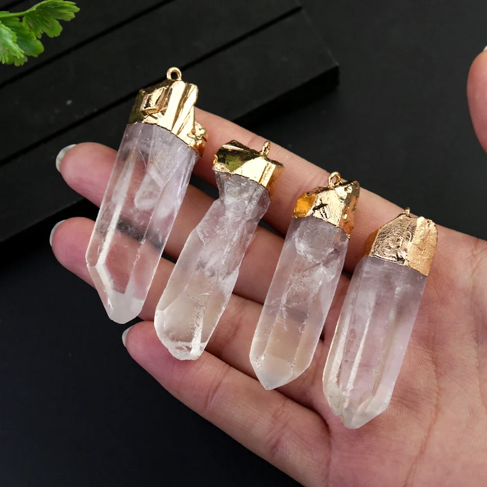 Natural White Crystal Druzy Prism Irregular Quartz Metal Trim Necklace Pendant Pillar Wand Charms Dangle DIY Jewelry Accessory