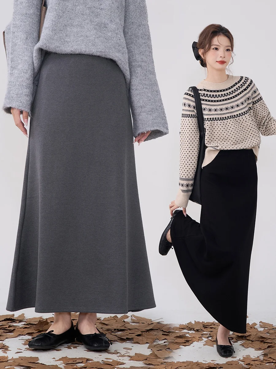 

Корейская юбка-солнце из искусственного кашемира с высокой талией, А-силуэт, длинная, для женщин, осень-зима, стройнящая, макси-длина