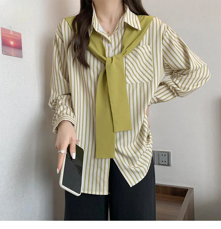 Loose Clothes 2024 Women Autumn Long Sleeve Elegant Bow Tie Shirts Casual Green Striped Shirts Blouses